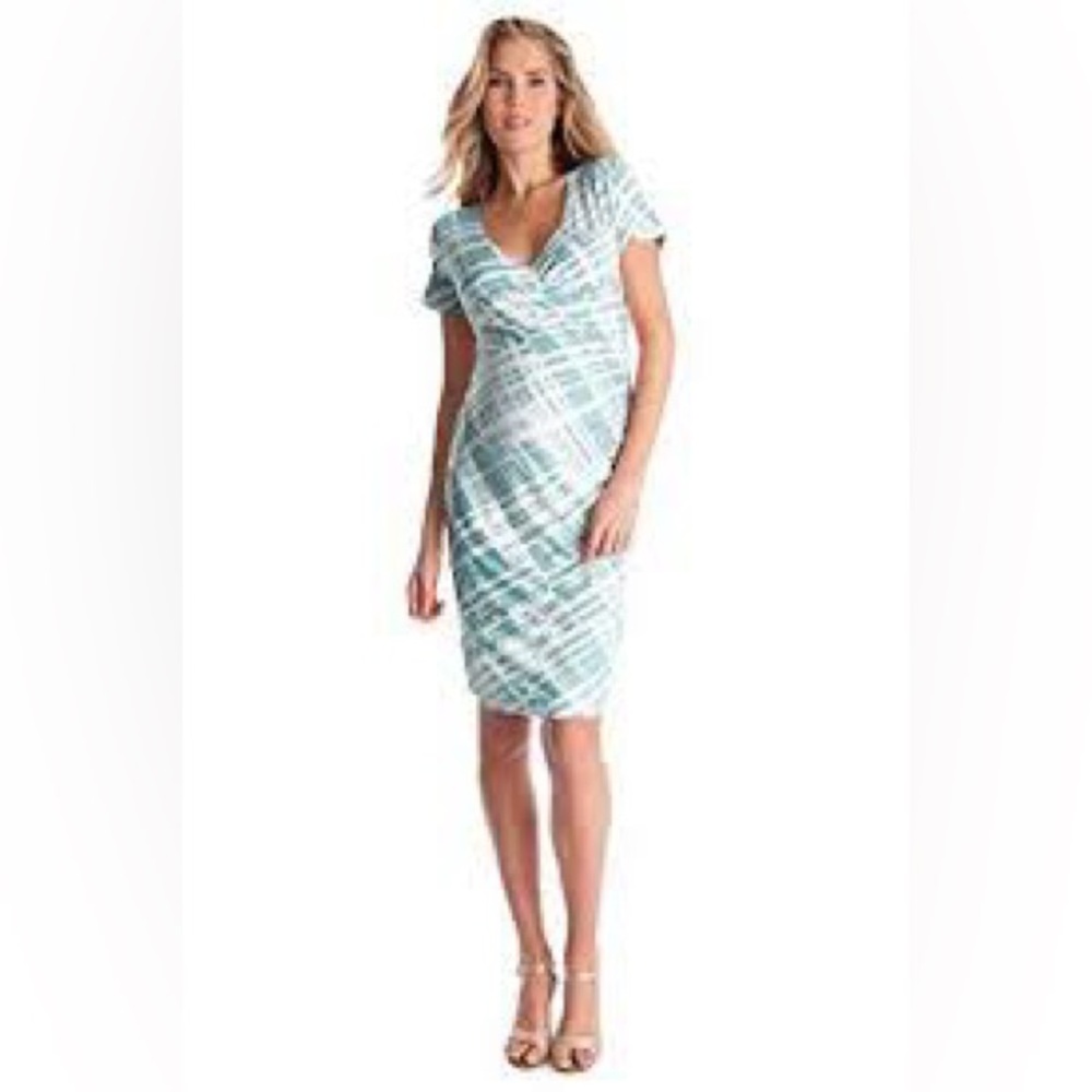 Seraphine Maternity Abella Size 4 Faux Wrap Dress Ruched Nursing Aqua Blue